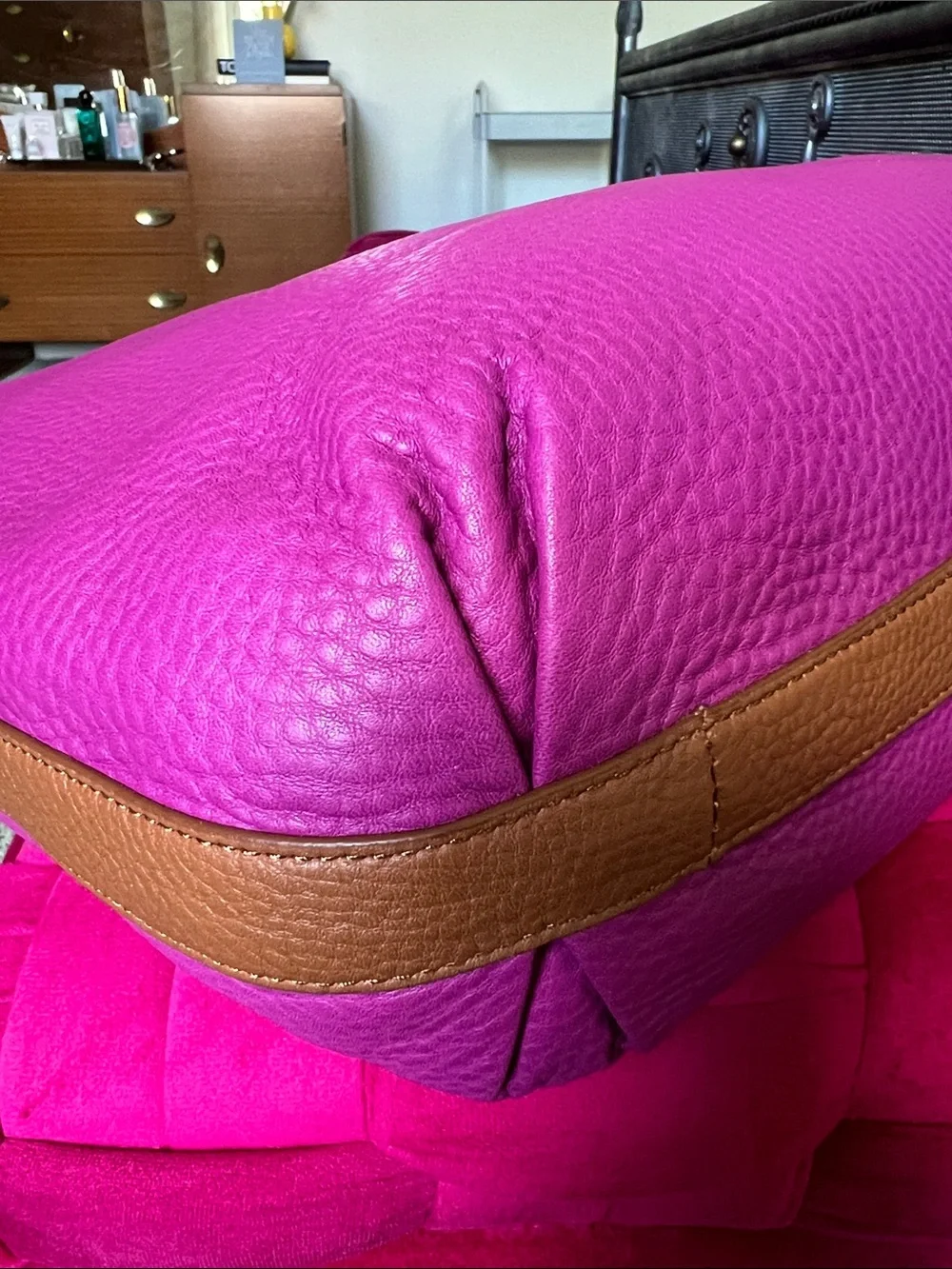 Isaac Mizrahi Fuchsia Leather Hobo with Brown Handle and Gold Hardware
